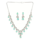Rhodium Plated Silver Toned Leaf Teardrop Shaped Sea Green & White American Diamond Studded Jewellery Set