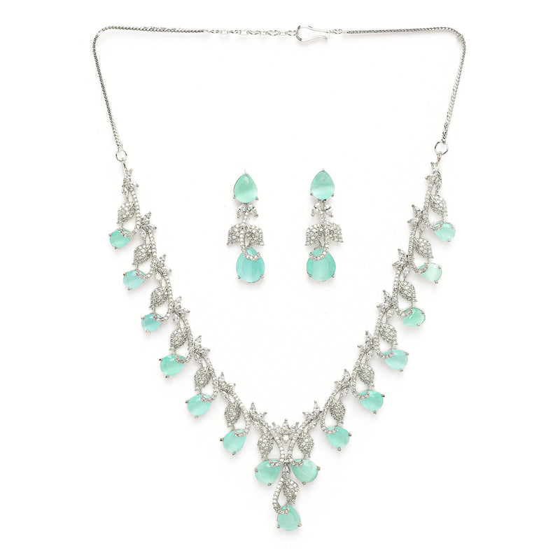 Rhodium Plated Silver Toned Leaf Teardrop Shaped Sea Green & White American Diamond Studded Jewellery Set