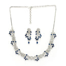 Rhodium Plated Silver Toned Leaf Shaped Blue & White American Diamond Studded Jewellery Set