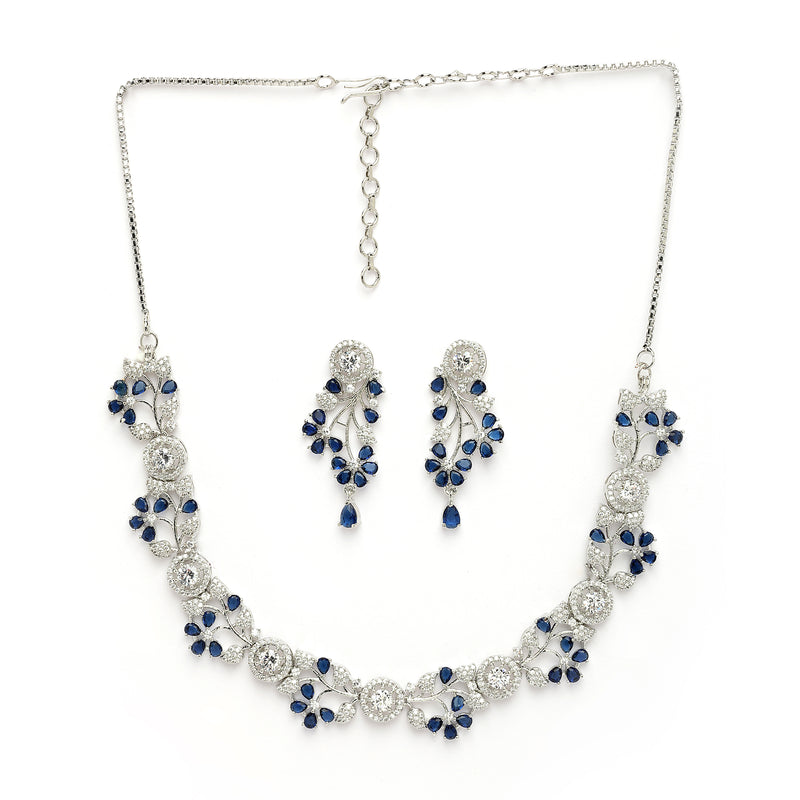 Rhodium Plated Silver Toned Leaf Shaped Blue & White American Diamond Studded Jewellery Set