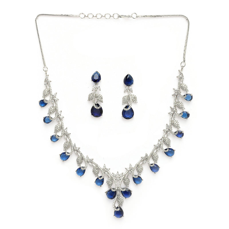 Rhodium Plated Silver Toned Leaf Teardrop Blue & White American Diamond Studded Jewellery Set