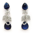 Rhodium Plated Silver Toned Leaf Teardrop Blue & White American Diamond Studded Jewellery Set