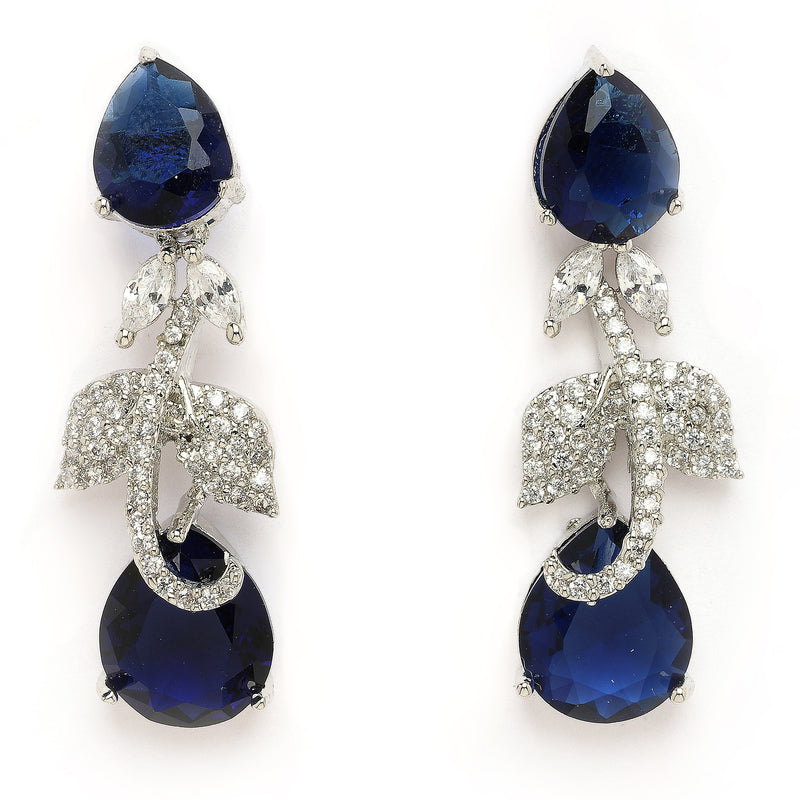 Rhodium Plated Silver Toned Leaf Teardrop Blue & White American Diamond Studded Jewellery Set