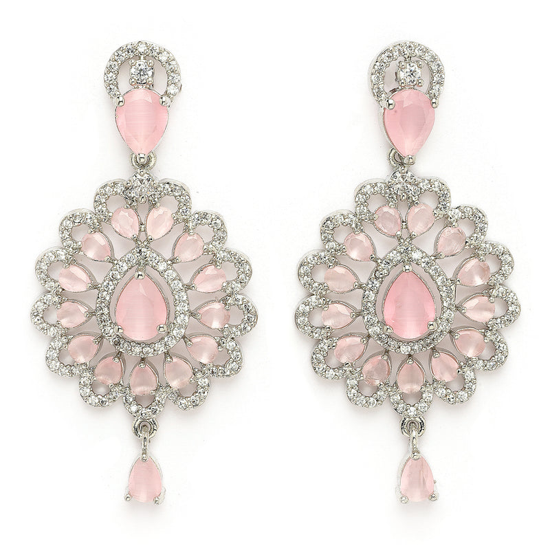 Rhodium Plated Silver Toned Ornate Shaped Pink & White American Diamond Studded Jewellery Set