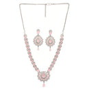 Rhodium Plated Silver Toned Ornate Shaped Pink & White American Diamond Studded Jewellery Set