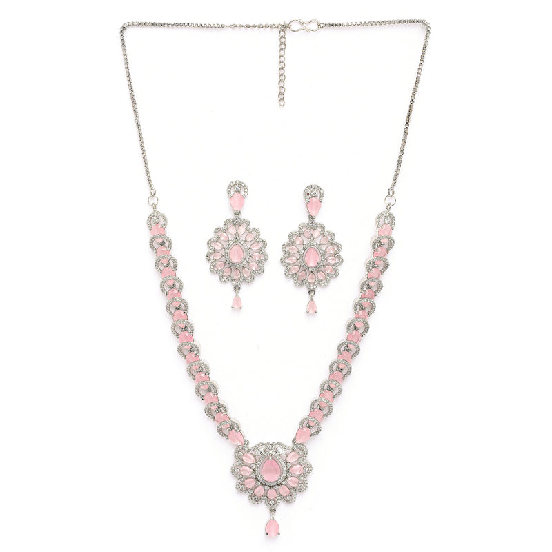 Rhodium Plated Silver Toned Ornate Shaped Pink & White American Diamond Studded Jewellery Set