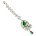 Rhodium Plated Silver Toned Green American Diamond  Floral Teardrop Maang Tikka with Elegant Dangling Stones