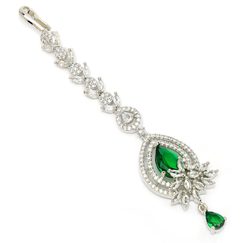 Rhodium Plated Silver Toned Green American Diamond  Floral Teardrop Maang Tikka with Elegant Dangling Stones