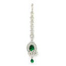 Rhodium Plated Silver Toned Green American Diamond  Floral Teardrop Maang Tikka with Elegant Dangling Stones