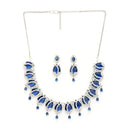 Rhodium Plated Silver Toned Rose Shaped Blue & White American Diamond Studded Jewellery Set