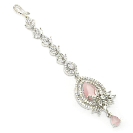 Rhodium Plated Silver Toned Pink American Diamond  Floral Teardrop Maang Tikka with Elegant Dangling Stones
