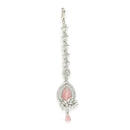 Rhodium Plated Silver Toned Pink American Diamond  Floral Teardrop Maang Tikka with Elegant Dangling Stones