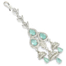 Rhodium Plated Silver Toned Mint Green & White American Diamond Bridal Maang Tikka With Dangling Teardrop Stones