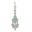 Rhodium Plated Silver Toned Mint Green & White American Diamond Bridal Maang Tikka With Dangling Teardrop Stones