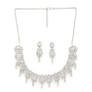 Rhodium Plated Silver Toned Rose Shaped White American Diamond Studded Jewellery Set