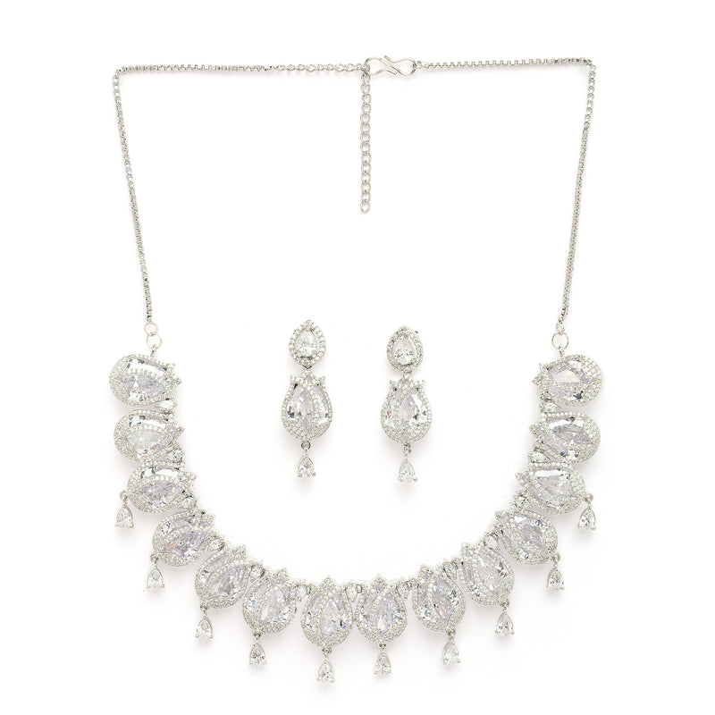 Rhodium Plated Silver Toned Rose Shaped White American Diamond Studded Jewellery Set