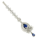 Rhodium Plated Silver Toned Blue American Diamond  Floral Teardrop Maang Tikka  with Elegant Dangling Stones