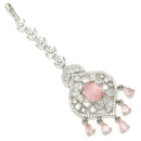 Rhodium Plated Silver Toned Pink  American Diamond  Pear Maang Tikka  with Elegant Dangling Stones