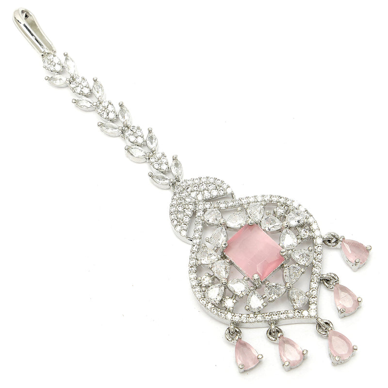 Rhodium Plated Silver Toned Pink  American Diamond  Pear Maang Tikka  with Elegant Dangling Stones