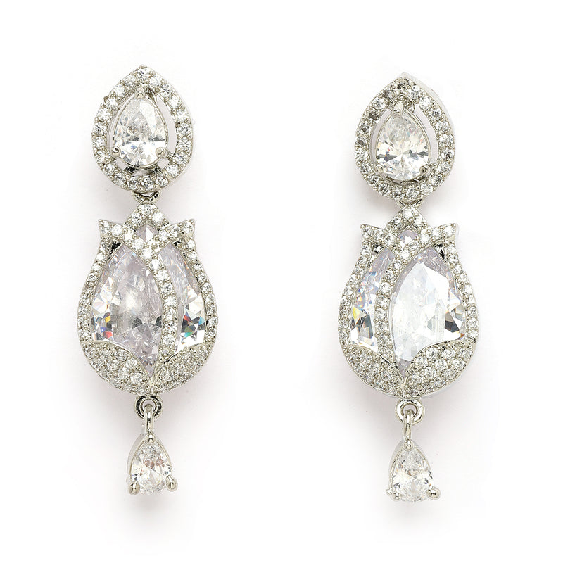 Rhodium Plated Silver Toned Rose Shaped White American Diamond Studded Jewellery Set