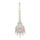 Rhodium Plated Silver Toned Pink  American Diamond  Pear Maang Tikka  with Elegant Dangling Stones