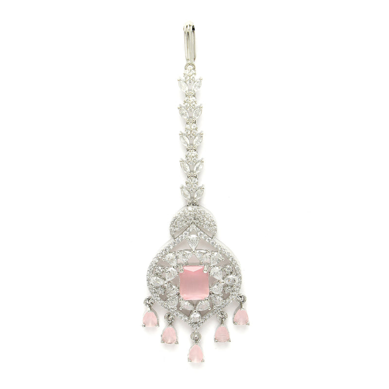 Rhodium Plated Silver Toned Pink  American Diamond  Pear Maang Tikka  with Elegant Dangling Stones