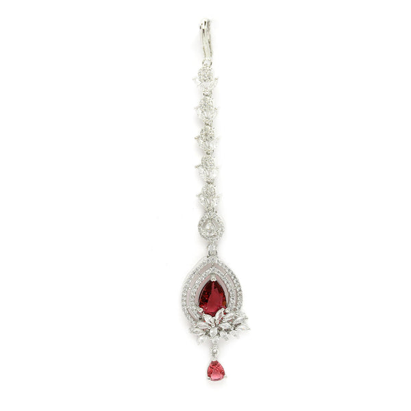 Rhodium Plated Silver Toned Ruby Red American Diamond  Floral Teardrop Maang Tikka  with Elegant Dangling Stones