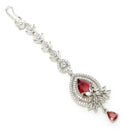 Rhodium Plated Silver Toned Ruby Red American Diamond  Floral Teardrop Maang Tikka  with Elegant Dangling Stones
