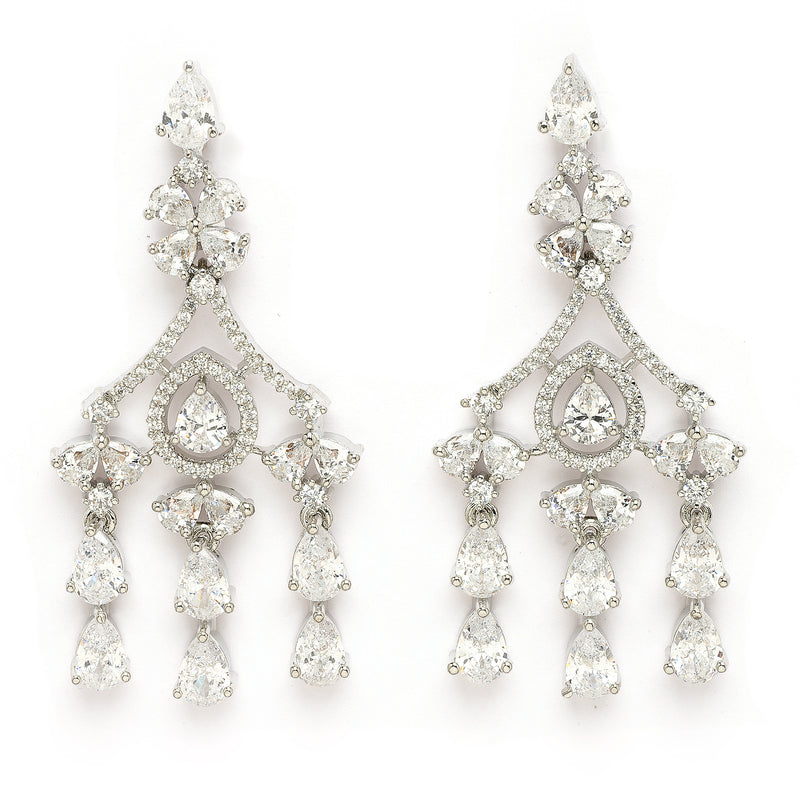 Rhodium Plated Silver Toned Teardrop Shaped White American Diamond Studded Jewellery Set