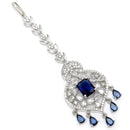 Rhodium Plated Silver Toned Blue American Diamond Pear Maang Tikka with Elegant Dangling Stones