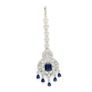 Rhodium Plated Silver Toned Blue American Diamond Pear Maang Tikka with Elegant Dangling Stones