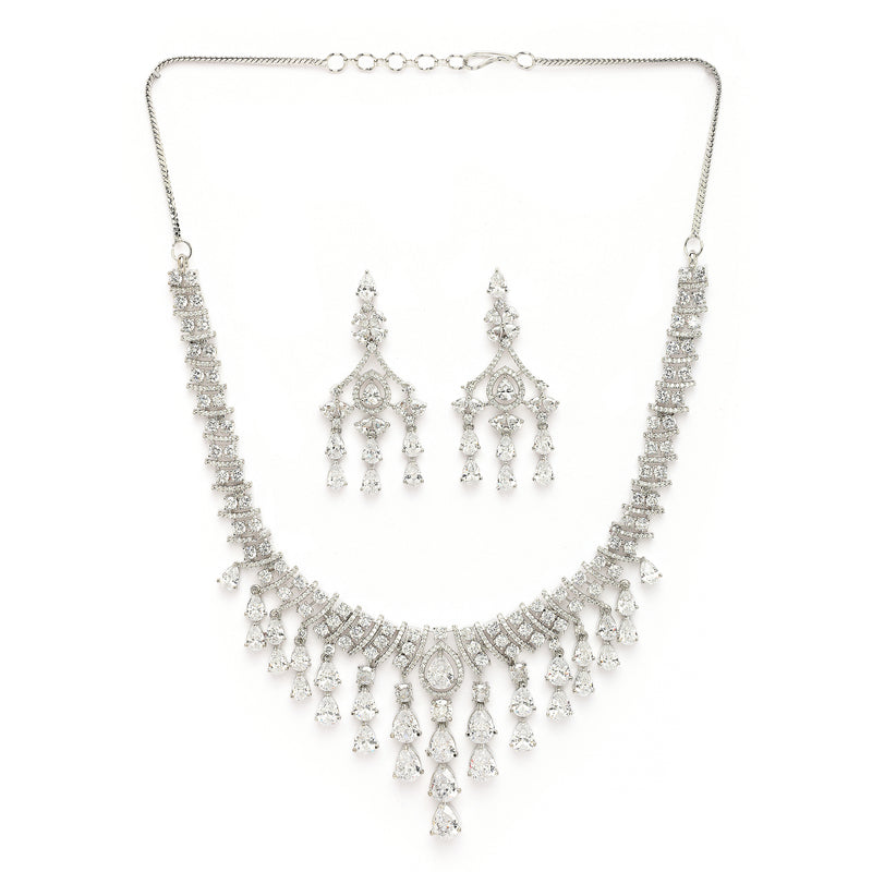 Rhodium Plated Silver Toned Teardrop Shaped White American Diamond Studded Jewellery Set