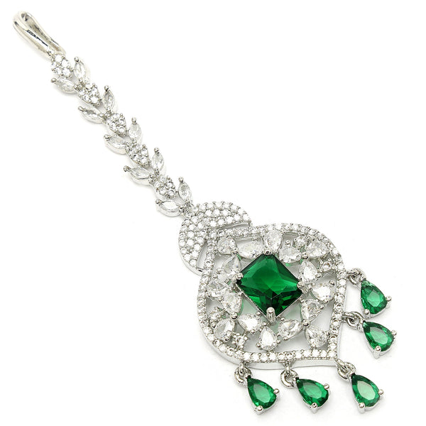 Rhodium Plated Silver Toned Green  American Diamond  Pear  Maang Tikka With Elegant Dangling Stones