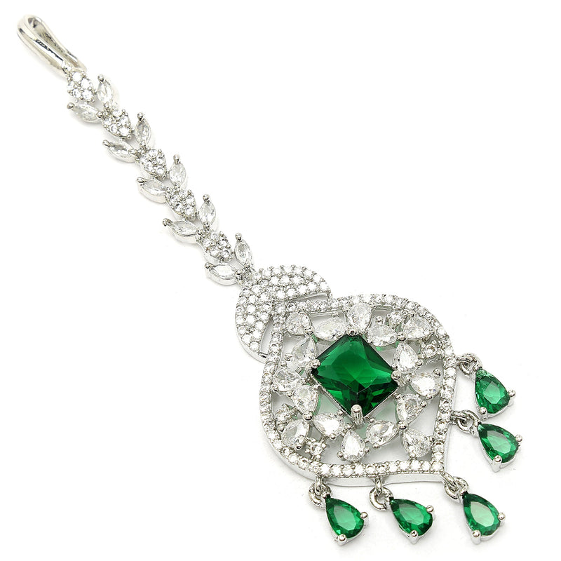 Rhodium Plated Silver Toned Green  American Diamond  Pear  Maang Tikka With Elegant Dangling Stones