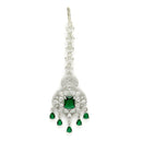 Rhodium Plated Silver Toned Green  American Diamond  Pear  Maang Tikka With Elegant Dangling Stones