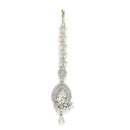 Rhodium Plated Silver Toned White American Diamond  Floral Teardrop Maang Tikka with Elegant Dangling Stones