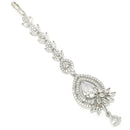 Rhodium Plated Silver Toned White American Diamond  Floral Teardrop Maang Tikka with Elegant Dangling Stones