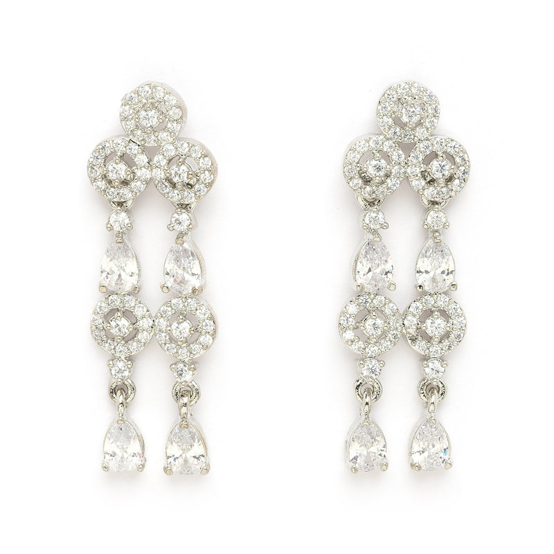 Rhodium Plated Silver Toned Geometrical Shaped White American Diamond Studded Jewellery Set