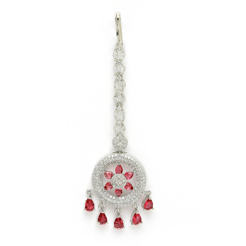 Rhodium Plated Silver Toned Red American Diamond Studded Maang Tikka with Elegant Dangling Stones