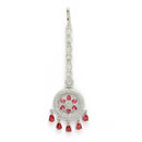 Rhodium Plated Silver Toned Red American Diamond Studded Maang Tikka with Elegant Dangling Stones