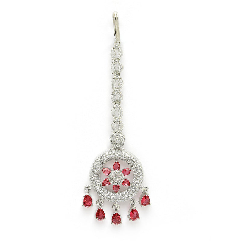 Rhodium Plated Silver Toned Red American Diamond Studded Maang Tikka with Elegant Dangling Stones