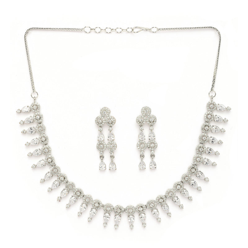 Rhodium Plated Silver Toned Geometrical Shaped White American Diamond Studded Jewellery Set