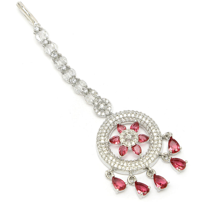 Rhodium Plated Silver Toned Red American Diamond Studded Maang Tikka with Elegant Dangling Stones