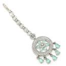 Rhodium Plated Silver Toned Mint Green American Diamond  Maang Tikka  with Elegant Dangling Stones