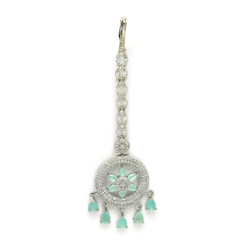 Rhodium Plated Silver Toned Mint Green American Diamond  Maang Tikka  with Elegant Dangling Stones