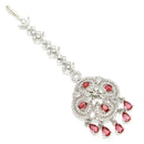 Rhodium Plated Silver Toned Floral Red American Diamond Studded Maang Tikka with Elegant Dangling Stones