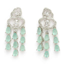 Rhodium Plated Silver Toned Floral Sea Green & White American Diamond Studded Jewellery Set