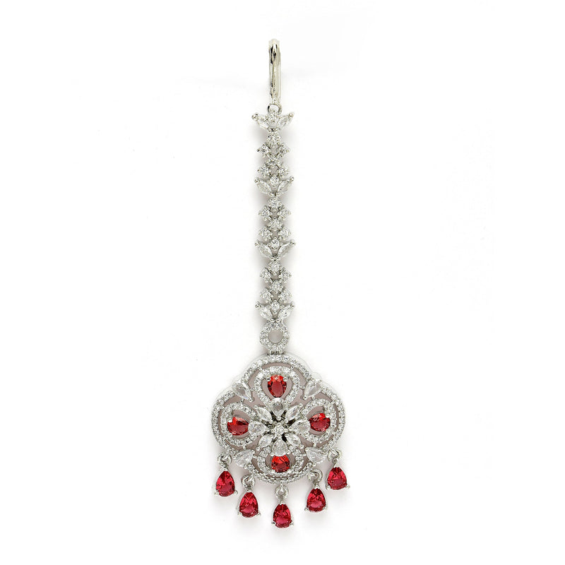 Rhodium Plated Silver Toned Floral Red American Diamond Studded Maang Tikka with Elegant Dangling Stones