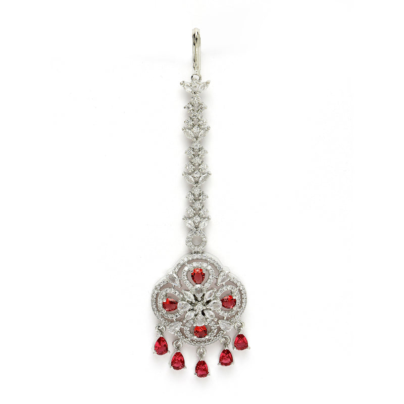 Rhodium Plated Silver Toned Floral Red American Diamond Studded Maang Tikka with Elegant Dangling Stones