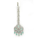 Rhodium Plated Silver Toned Floral Mint Green American Diamond Studded Maang Tikka with Elegant Dangling Stones